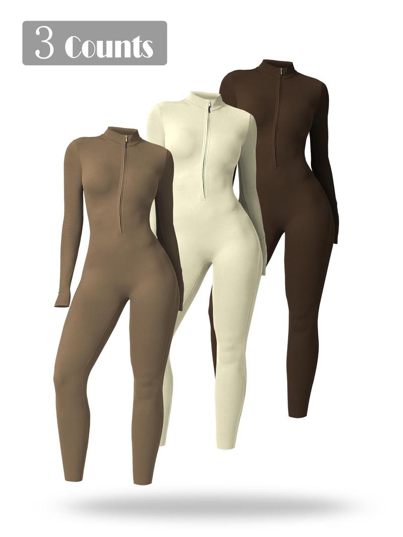 Product Introduction of Sporty Women's Solid Color Half Zip Mock Neck Sports Jumpsuit,  Tummy Control Jumpsuit,  Casual Comfy Breathable Long Sleeve Skinny Jumpsuit for Yoga Gym Workout, Ladies Sportswear for All Seasons 9