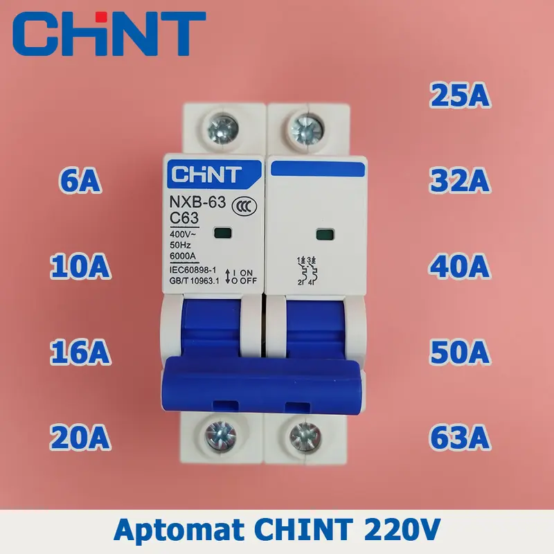 Aptomat CHINT NXB-63 bộ ngắt mạch CB tép MCB 220V 2P 6A 10A 16A 20A 25A 32A 40A 50A 63A 6