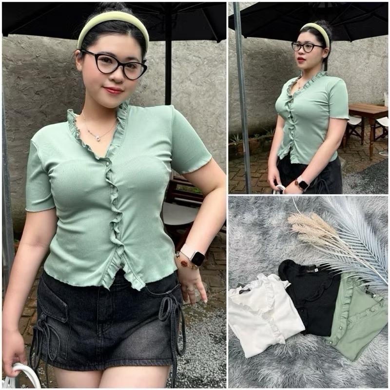 Áo thun  tay ngắn Ôm body Cổ Chữ V Đính cúc Ngọc cực xịn Chất Tăm Lạnh Co Giãn 4 Chiều ( Full-size :40-90kg ) Top Women
