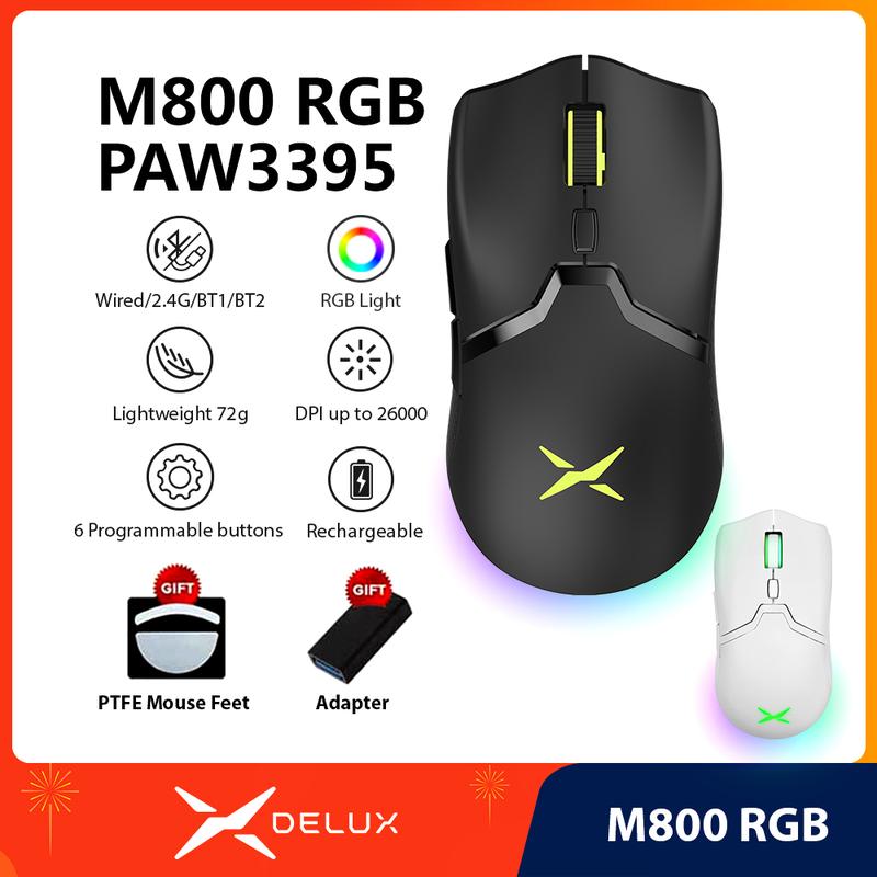Chuột Gaming Không Dây DELUX M800 RGB Sensor PAW3395 Cao Cấp| LED RGB Custom| Chính Hãng 100%| ENJOYPLUS delux m600 chuot  cong chuột  custom