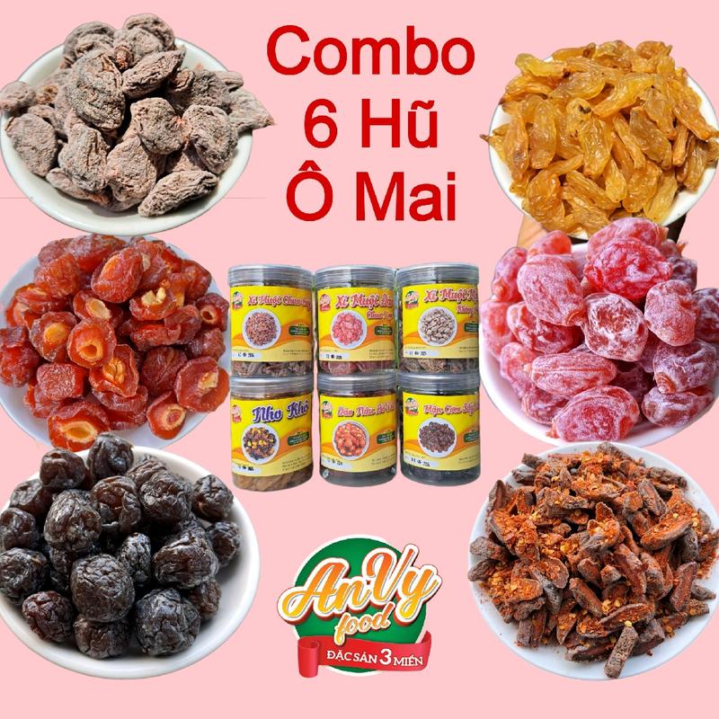    Combo 6 Hũ Ô Mai   Đào Hồng + Xí Muội Mặn + Xí Muội Chua Cay + Đào Nâu Chẻ + Mận Cơm + Nho Vàng Khô 