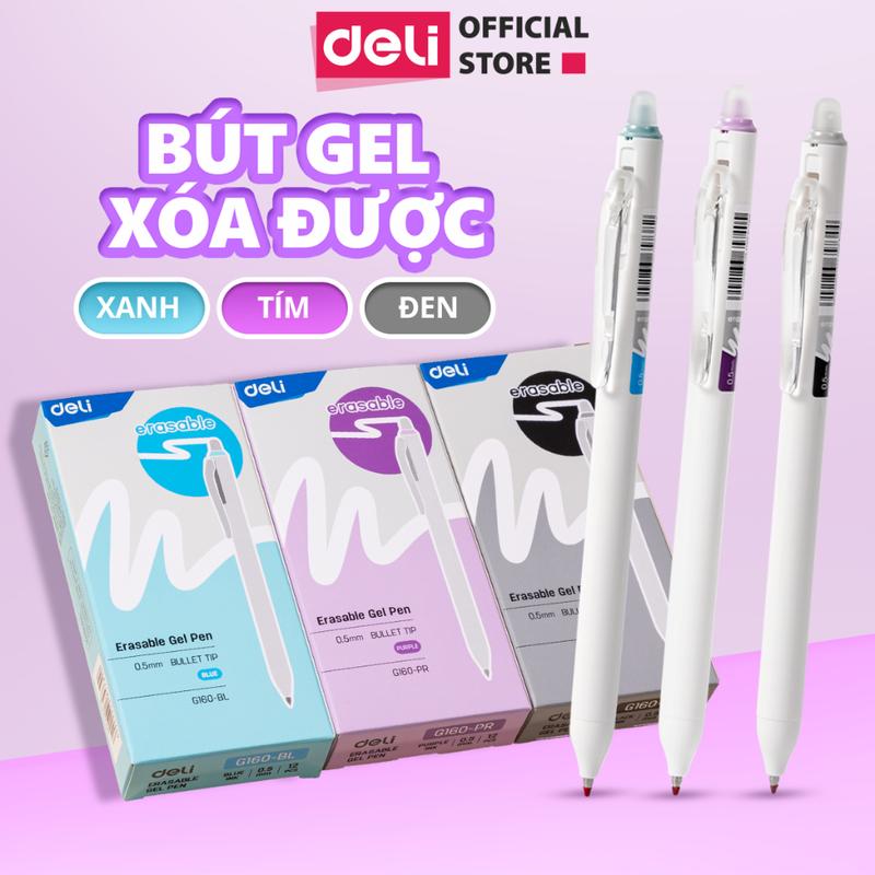 Bút gel xóa được Deli ngòi 0.5mm viết trơn mượt, có gôm trên nắp cho học sinh, bút bi gel nước bấm văn phòng phẩm