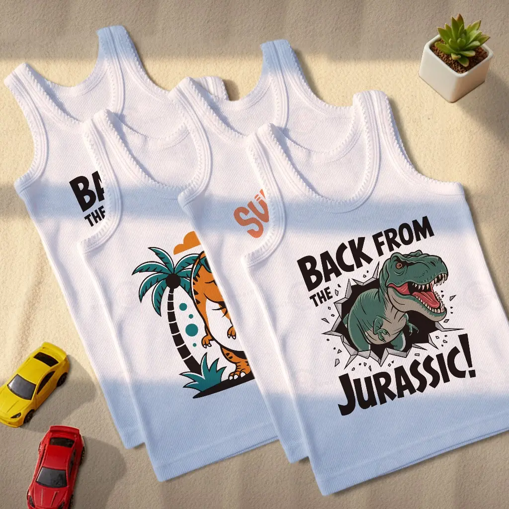 3-6 Pcs Kaos Dalam Anak Laki-Laki Putih Motif DINO / Singlet Anak Katun Lembut Motif Sablon Printing