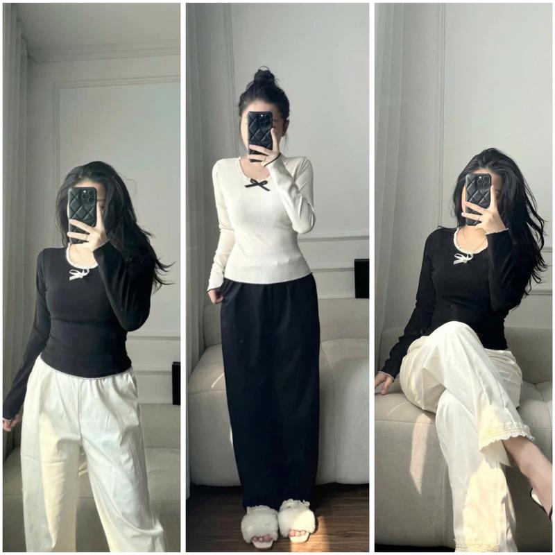 set bộ áo tay dài cổ ren lai cuốn biên - phối quần baggy trẻ trung thời trang