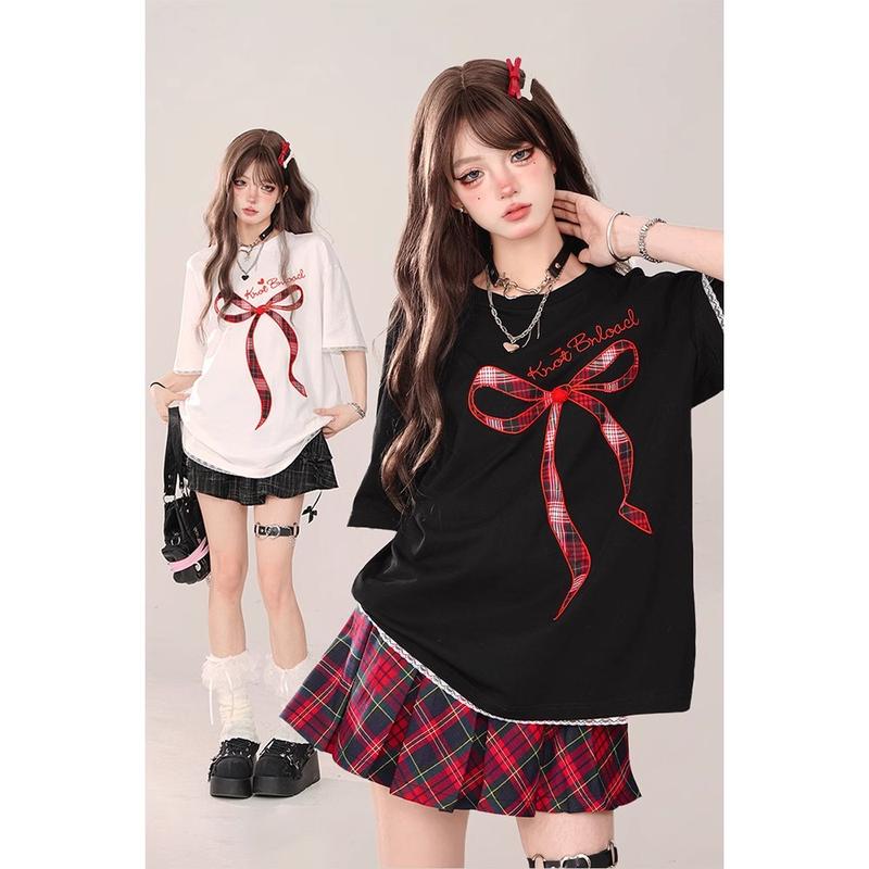 Product Introduction of Áo Thun Nữ ngắn Tay, Thêu Nơ, Có Viền Ren, Phong Cách Thời Trang Nữ, Thích Hợp Mặc Cho Nữ Top Women Cổ Tròn áo phông nữ đẹp,áo thun nữ,áo phông girl phố，áo kiểu xinh,đồ bộ nữ 2