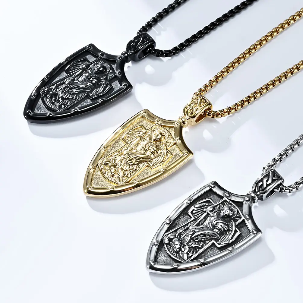 Kalung vintaj gaya Eropah dan Amerika, Malaikat St. Michael, perisai keluli titanium, pakaian bergaya, loket keluli tahan karat Jewelry Necklaces