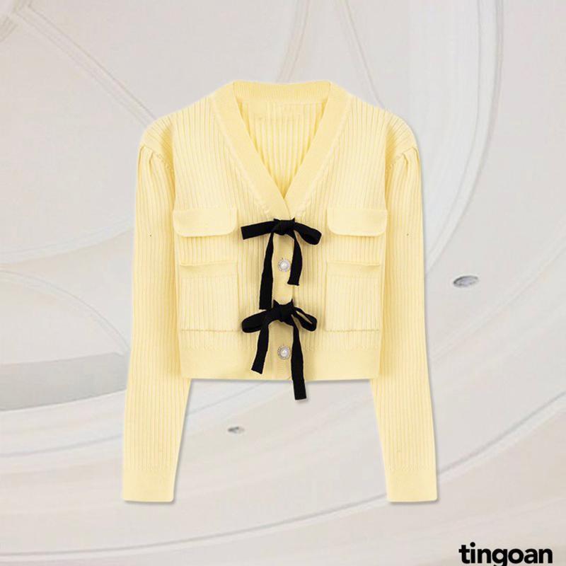TINGOAN - Áo len xù vàng dáng lửng đính 2 nơ đen cúc ngọc LOVE YOU VERY MUCH TOP/YL