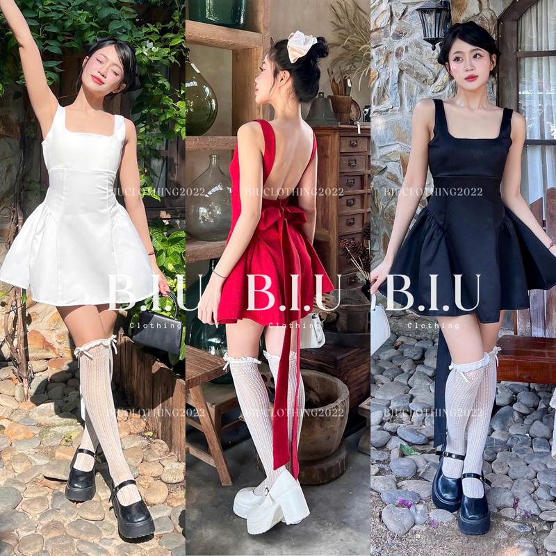  Đầm dây cổ vuông hở lưng dây nơ siêu to tà xòe sang chảnh Pill Dress Biu Clothing BB0433 Nữ Women 