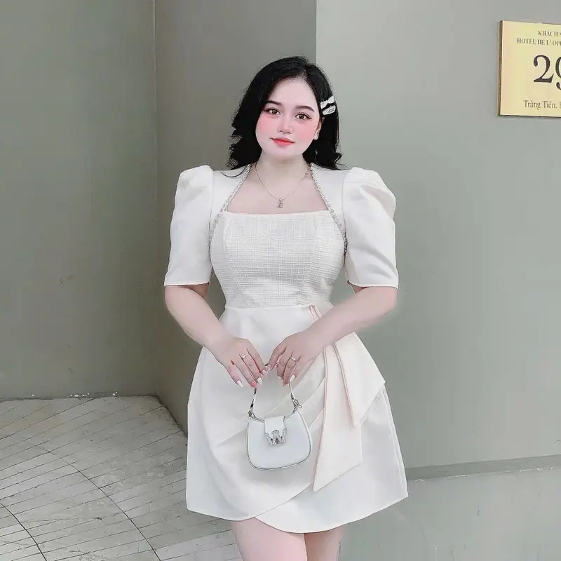 [ANiE Bigsize] Đầm Tiệc Đính Viền Đá Tay Phồng Xếp Eo Bigsize 60 đến 90ký Chất Vải Tapta Dáng Ngắn Có màu Đen/ Trắng/ Kem Để Đi Tiệc Hoặc Đi Chơi Nữ Dress Women 3