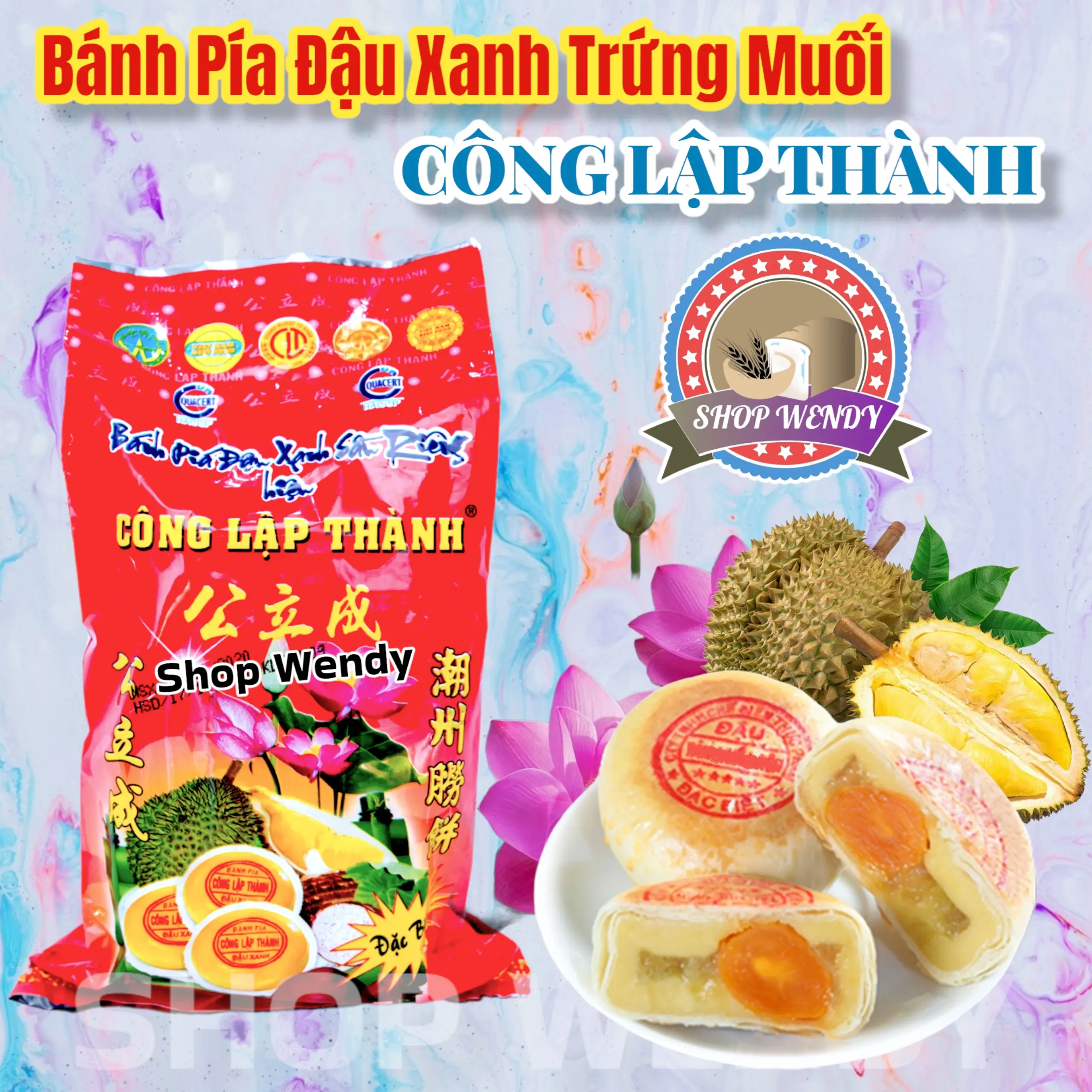 {Mua 3 tặng 1} Bánh Pía Đậu Xanh Sầu Riêng Trứng Muối- Công Lập Thành - 300g (4 cái 1 gói) Cake Bột Food