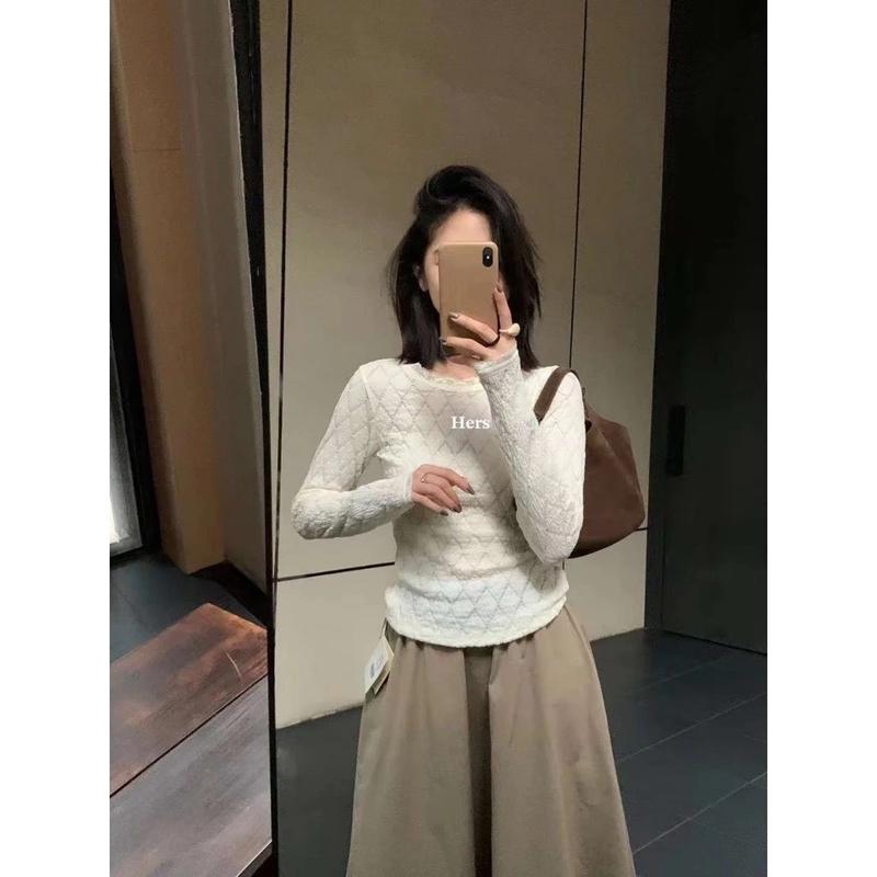 [CHUẨN ĐẸP QC L1/SẴN] Áo Len Thun Xốp Dài Tay Phối Ren Hoạ Tiết Trám 3 màu Kem Đen Trắng Hanhiwithlove SIÊU XINH A12 QC 4