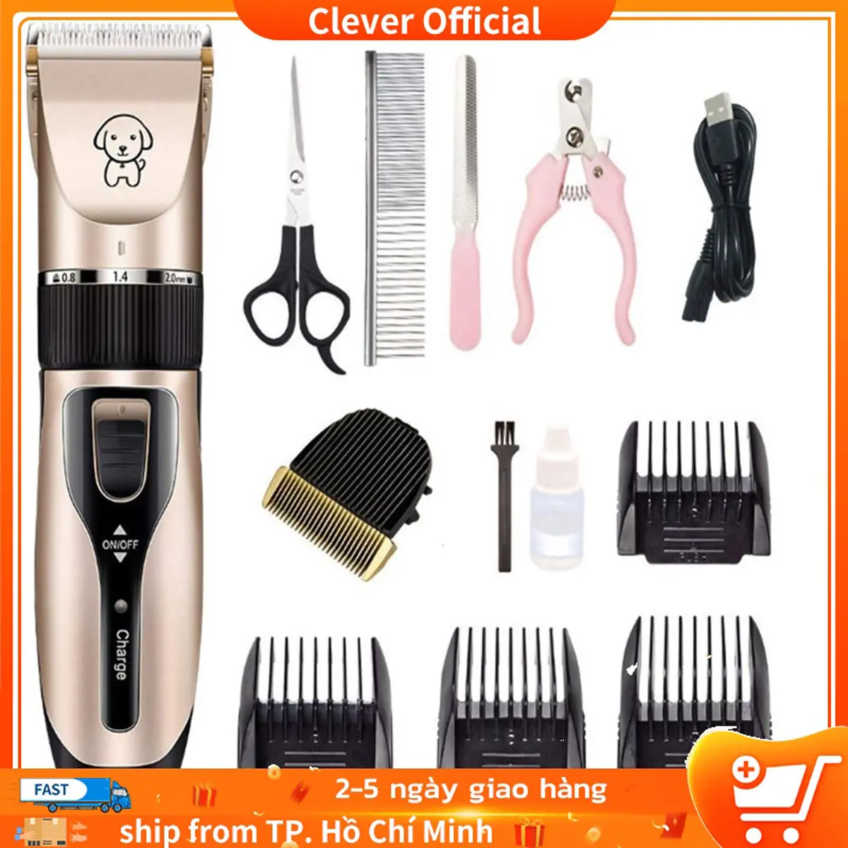 Tông đơ cạo cắt lông cho chó mèo Hàng Full Box - Kèm 7 phụ kiện - Bảo hành uy tín