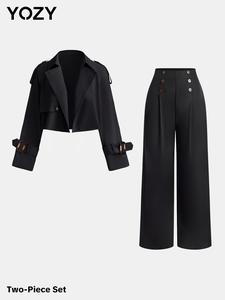YOZY Women's Solid Button Front Long Sleeve Crop Jacket & Wide Leg Pants Set, Women's Clothing for Daily Wear