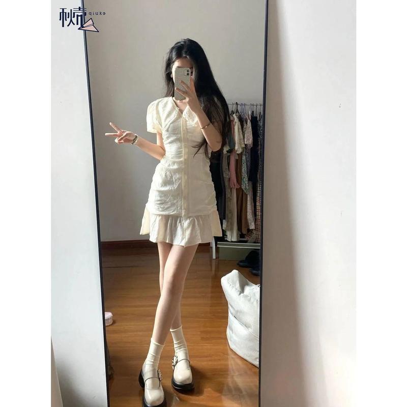 Váy Vỏ Sò Đơn Giản Kiểu Pháp Cho Nữ, Váy Thiết Kế Xù Linh Hoạt Và Giảm Béo, Phong Cách Hàn Quốc Mới, Mùa Thu Women, Dress, Khuy 1
