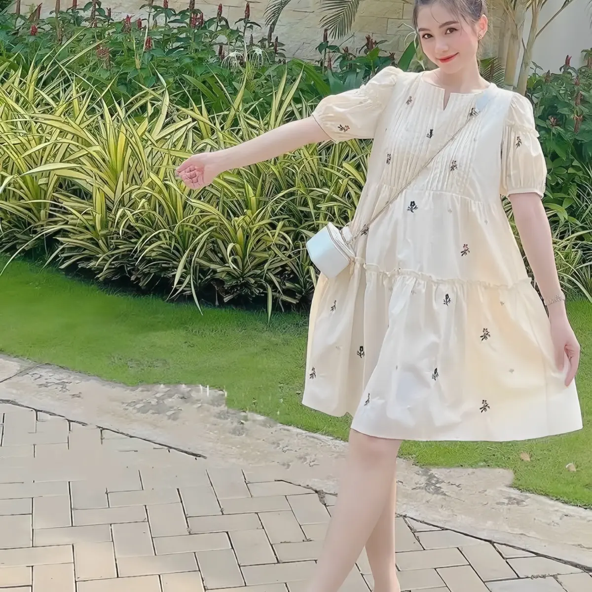 Váy Bầu Hoa Dáng Baybydoll Chất Thô Đũi Dành Cho Các Mẹ Bầu