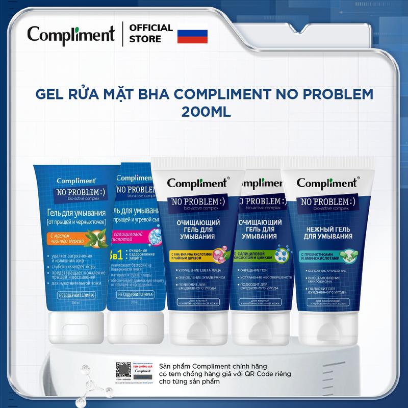 Gel rửa mặt BHA Compliment No Problem làm sạch sâu giảm v.i.ê.m & mụn 200ml