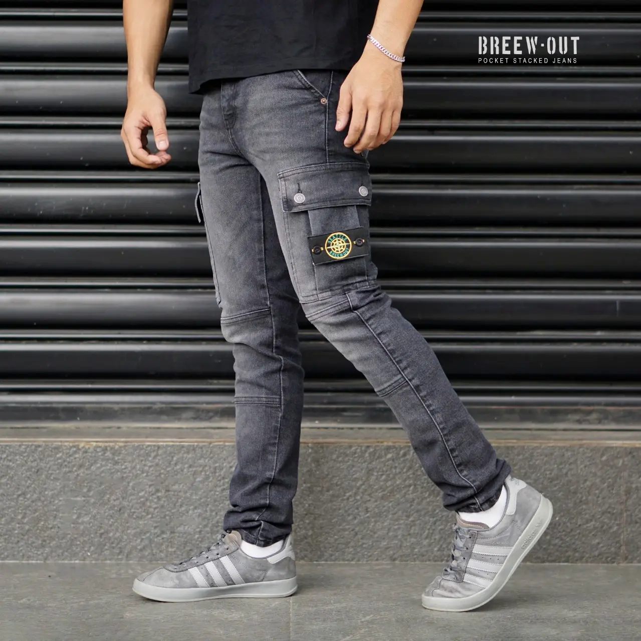 Terlaris BREEW OUT Cargo Jeans Pria Original Denim Elastis Cargo Denim warna Bio Wash - Celana pria jeans cargo panjang slimfit premium Keren Lembut slim  fit