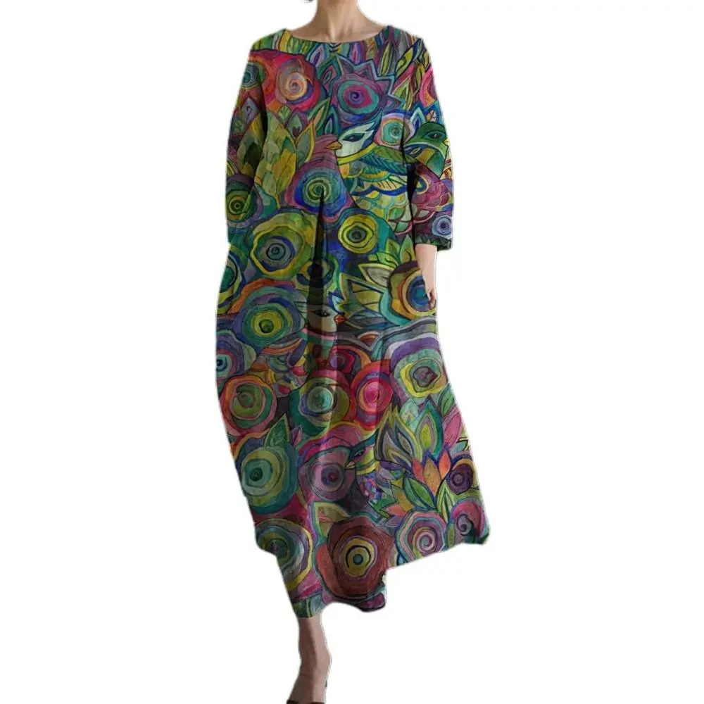 Women's Flowy Oversized Baggy Colorful Boho Floral Cotton Maxi Dress Long Sleeve Casual Loose Long Dress