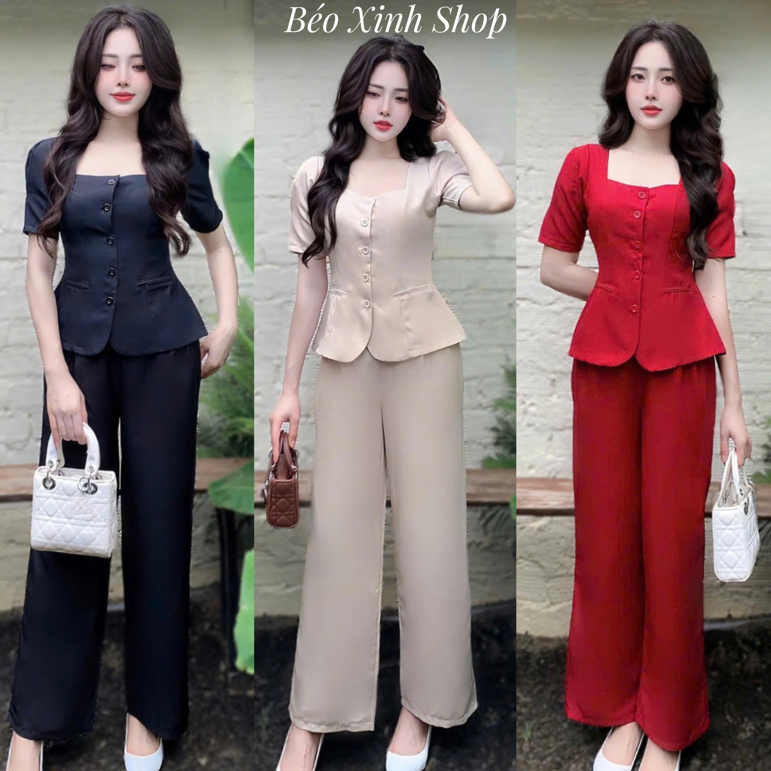 Set Quần Áo Cổ Vuông Sang Trọng Vải Cotton Lạnh Cao Cấp Thanh Lịch Cho Các Nàng 40 - 95Kg Nữ Top Women Xoè - A.1523