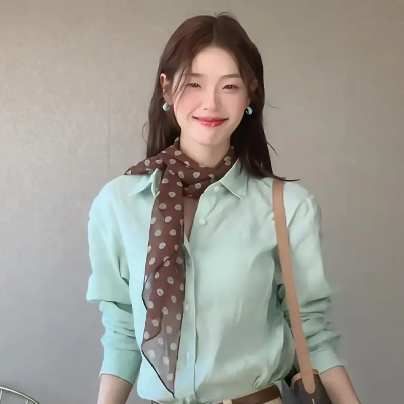 Korean Style Fresh Green Polka Dot Scarf High-End Long Neck Scarf