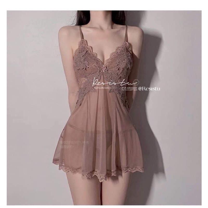 Váy ngủ nữ Sanado gợi cảm, có mút ngực, kèm quần chíp quyến rũ M8  Ren Women Nhung Kem Áo