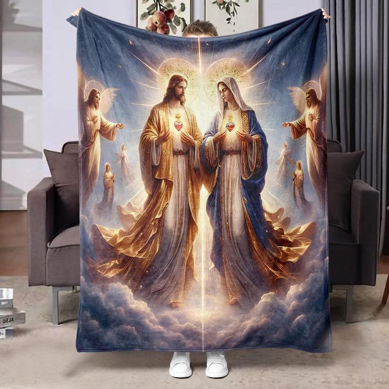 Product Introduction of Jesus & Mary Pattern Blanket, 1 Count Warm & Lightweight Throw Blanket, Soft Blanket for Bed, Sofa, Office, Camping & Travel 0