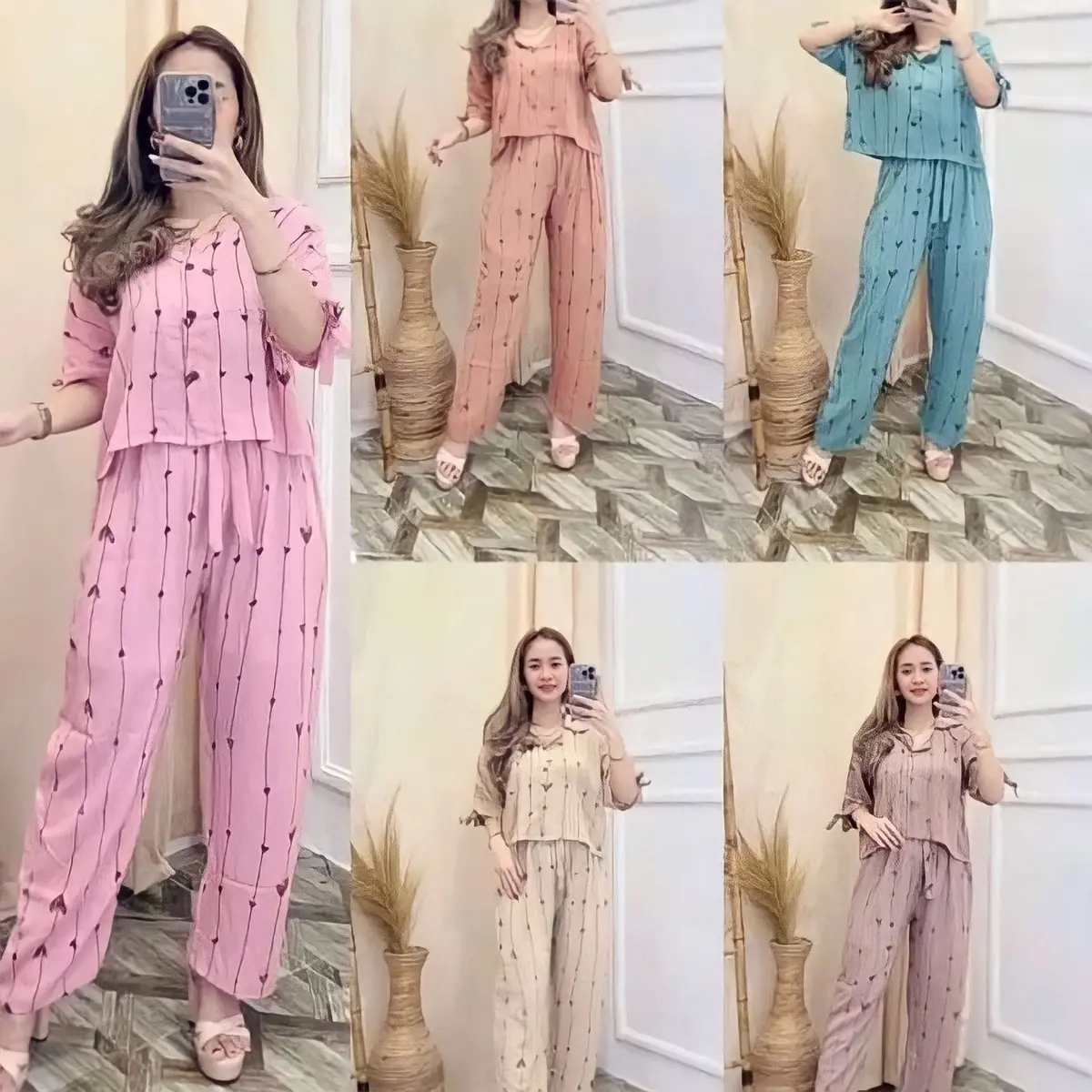 One Set Crop Top Terbaru Motif Love Setelan Celana Lengan pendek Bisa Dicuci Dengan Mesin Baju Karet Kancing Setrip