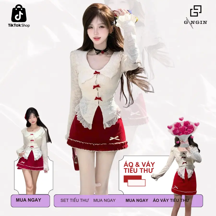 Set Áo & Váy Tiểu Thư, đồ nữ, áo ren phối nơ, chân váy có lót quần cực xinh cho nàng