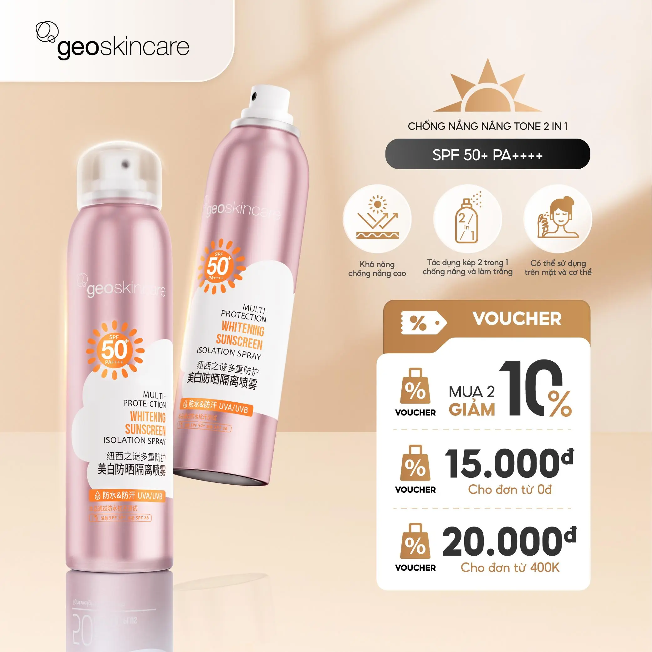[Geoskincare] Xịt Chống Nắng Nâng Tone SPF50+ PA++++ Bảo Vệ Nhiều Lớp, Kháng Nước Và Mồ Hôi 120ml
