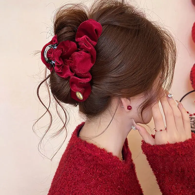 Mũ Cài Tóc, Vải Nhung, Kẹp Tóc Đám Mây Đỏ, Kẹp Tóc Lớn Cao Cấp Mới Cho Nữ, Kẹp Sau Đầu, Hoàn Hảo Cho Năm Mới 2025, Phụ Kiện Cài Tóc 5