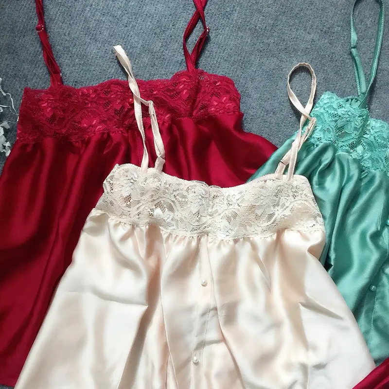 Đồ bộ đùi mặc nhà 2 dây phối ren đính ngọc trai vải satin size dưới 55kg DB0014 1