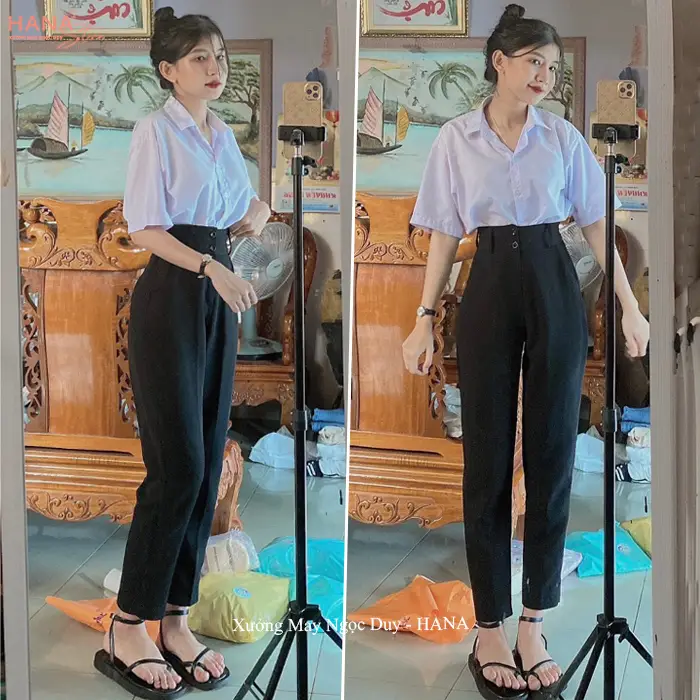 (New Quần Dài 88-95-103cm)Quần tây nữ đi học 1 nút 2 nút lưng cao màu Đen Xanh Đen DD668 chất vải dày dặn đáy cao mặc thoải mái