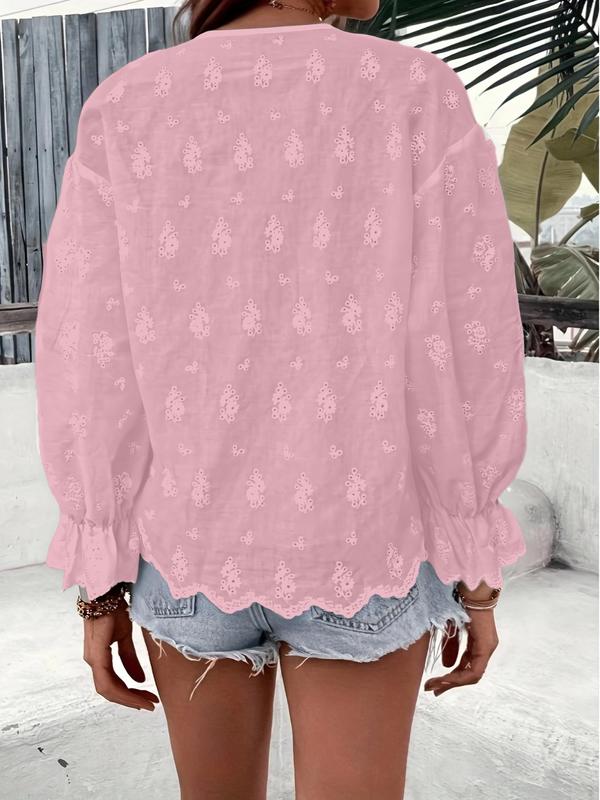 Women's Eyelet Embroidery Shirt, Casual Long Sleeve Top for Summer, Women's Clothing for Daily Wear, Blouse 7