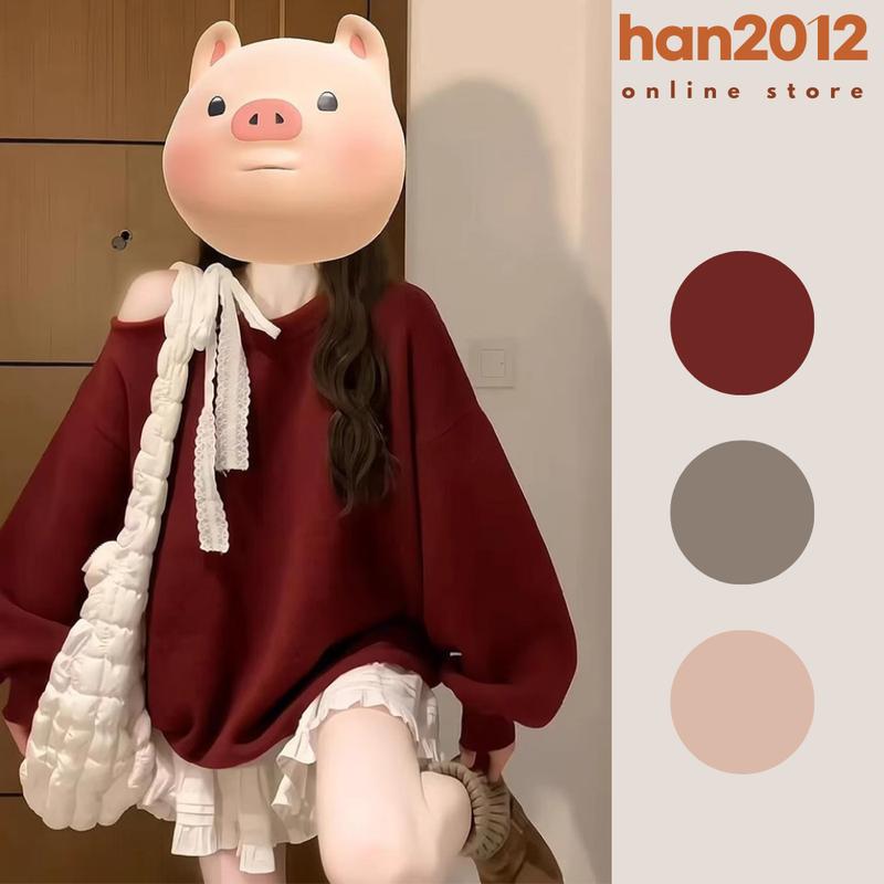 Áo Nỉ Nữ Trễ Vai Tay Dài Phồng Form Rộng Oversize Kiểu Coquette Chất Nỉ Bông Mềm Mịn Che Khuyết Điểm - Áo Nỉ Coquette Trễ Vai Kèm Nơ Ren Xinh Xỉu - Mặc Lên Auto Tiểu Thư, Che Bắp Tay Cực Đỉnh