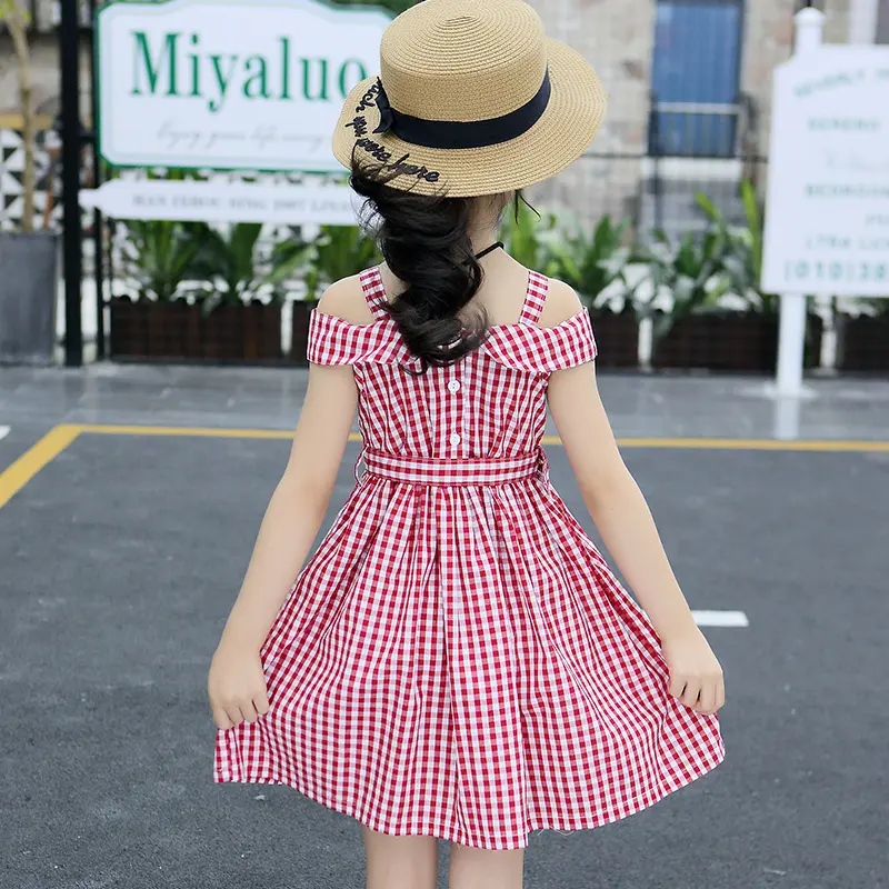 Trang Phục Mùa Hè Cho Bé Gái, Thời Trang, Phong Cách Hàn Quốc, Váy Trễ Vai Sang Trọng, Họa Tiết Kẻ Sọc Cổ Điển Thích Hợp Cho Bé Gái Và Trẻ Em Lớn, 2025 5