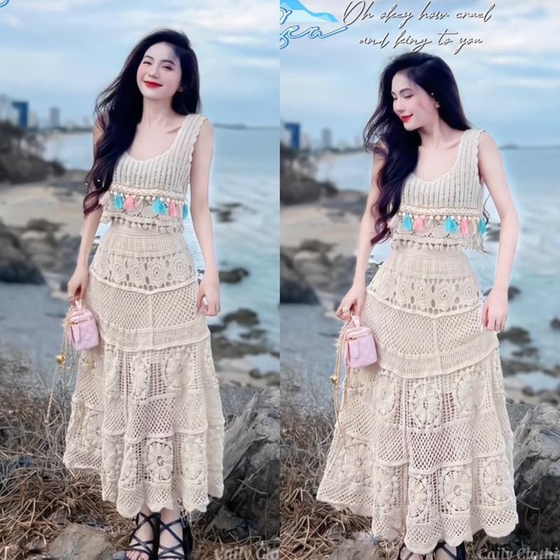 Set ren móc sợi đi biển nàng thơ gồm 2 món áo croptop kèm chân váy dài xoè mặc đi biển du lịch