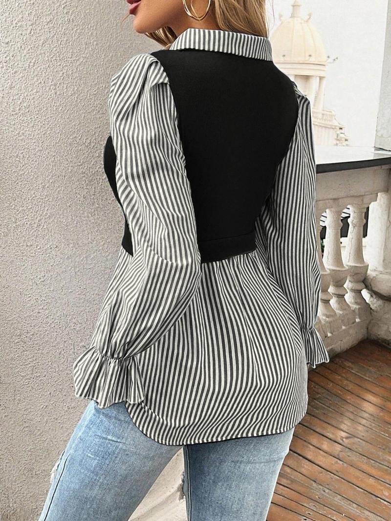 Product Introduction of Women's Striped Print Blouse, Elegant Long Sleeve Collared Top for Spring & Fall, Women's Clothing for Daily Wear 9