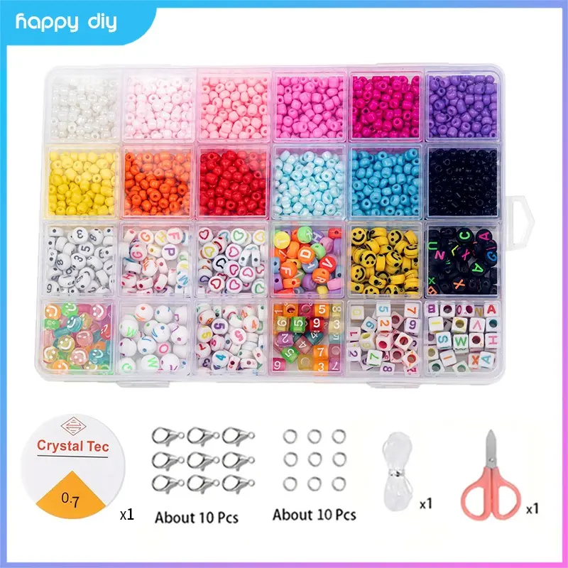 HAPPY DIY 1 kotak manik-manik pasir - Manik-manik payet pasir kemasan DIY (dilengkapi dengan 10 kait + 0,7 tali elastis + 2 meter tali satin + 1 gunting + 10 cincin datar) Kerajinan