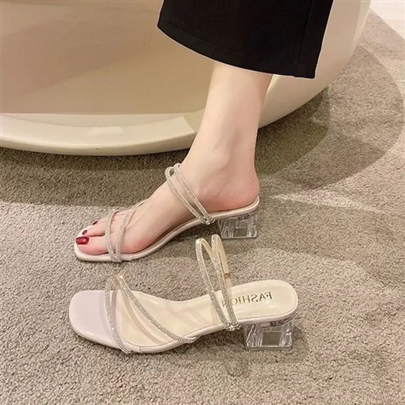 [Store Hot Sale] 2025 Summer New Rhinestone Fairy Style Chunky Heel Two-Way Sandals Internet Celebrity Refined Outdoor Crystal High Heels for Women
