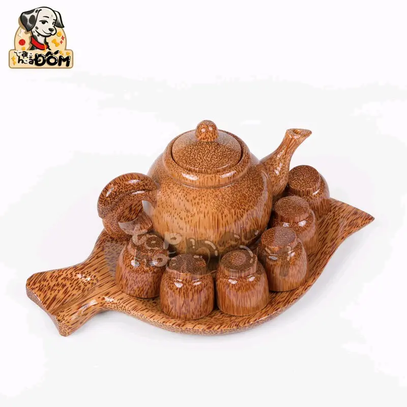 [Mỹ nghệ Đốm] Bộ bình trà bằng Gỗ Dừa (mẫu dĩa lá) hàng cao cấp