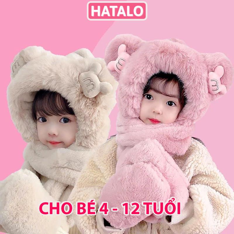 Mũ lông kèm khăn choàng cổ trùm đầu mùa đông 3in1 tai gấu dễ thương cho bé từ 4 đến 12 tuổi