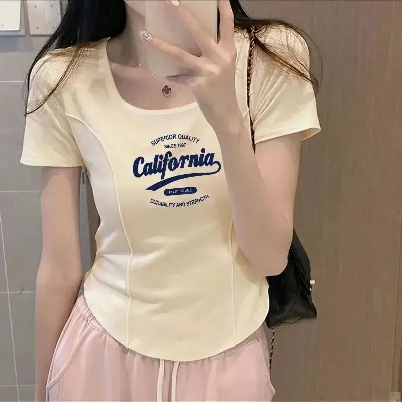Short Square Collar Short Sleeve T-shirt Women's Niche Printed Loose Slim Ins Top Summer Korean Style Regular Shoulder T-shirt
