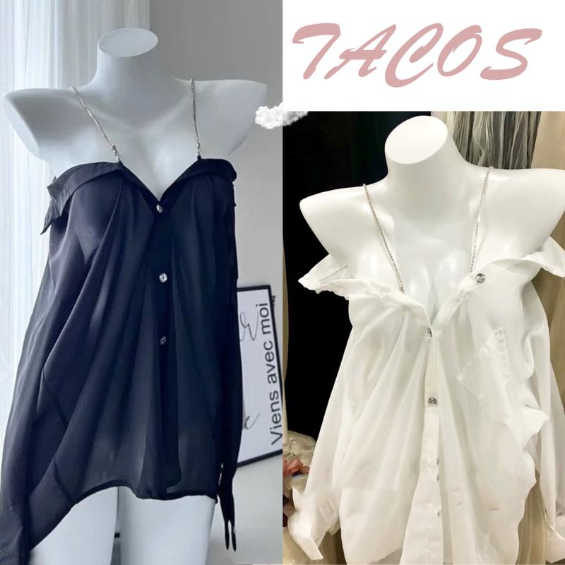 HT111 Áo sơ mi quai dây đá trễ vai gợi cảm, váy ngủ voan tôn dáng