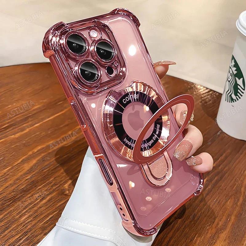 Product Introduction of Shockproof Plating Magnetic Stand Holder Clear Case For iPhone 16 15 14 13 12 11 Pro Max Plus For Magsafe Wireless Charge Cover 27