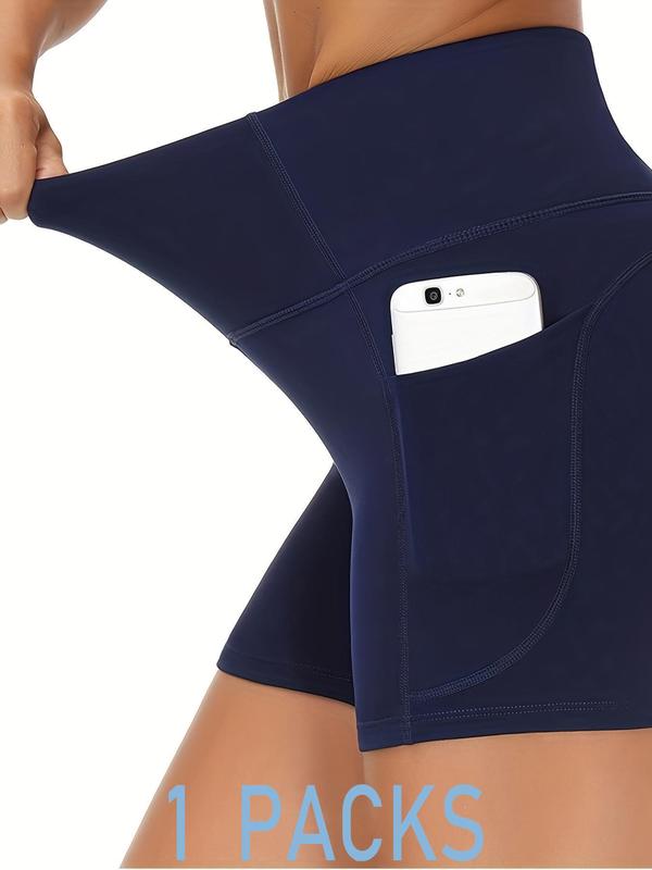 Women's 3pcs Plain Pocket High Waist Sports Short Leggings, Summer Clothes Women, Comfy Stretchy Seamless Skinny Solid Biker Shorts for Yoga Gym Workout, Ladies Sportswear Bottoms for Summer, Tummy Control, Athletic Shorts 7