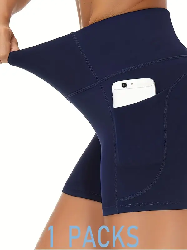 Women's 3pcs Plain Pocket High Waist Sports Short Leggings, Summer Clothes Women, Comfy Stretchy Seamless Skinny Solid Biker Shorts for Yoga Gym Workout, Ladies Sportswear Bottoms for Summer, Tummy Control, Athletic Shorts 7