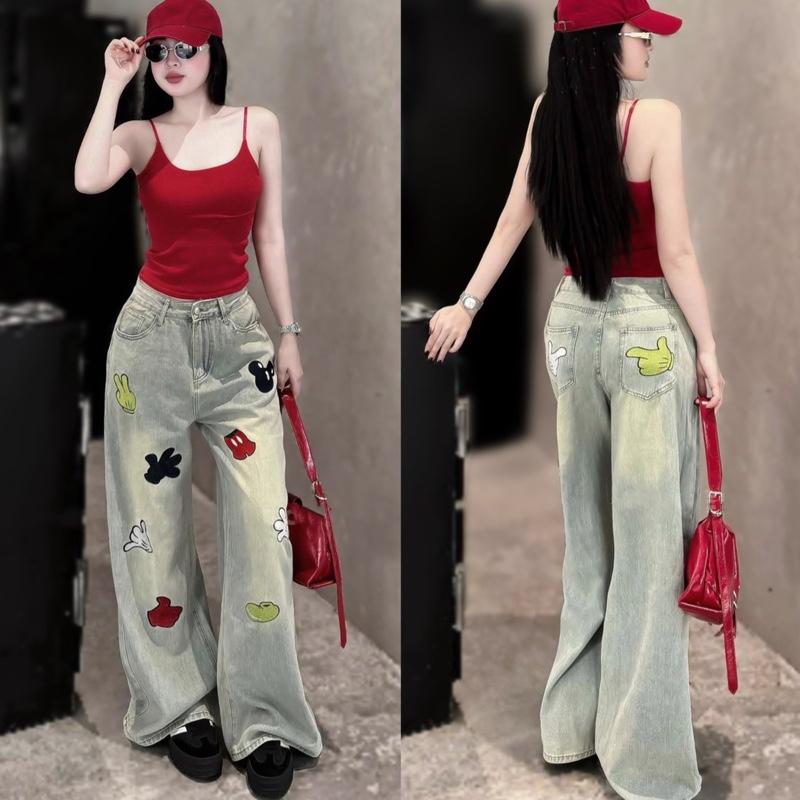  Quần jeans nữ ống suông vai qc phối thêu bàn tay Q1501 dài 105cm 