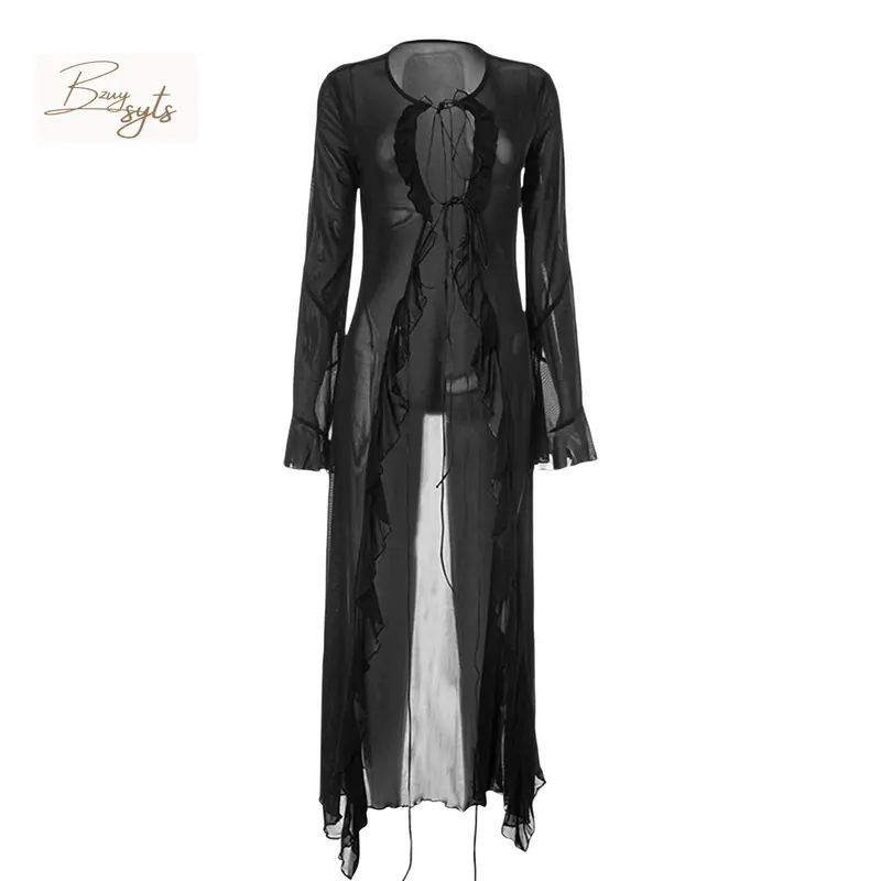 Áo Cardigan Dài Buộc Dây Mùa Hè, Dành Cho Nữ, Màu Đen, Dài Tay, Hở Trước, Phong Cách Thời Trang Đường Phố 0