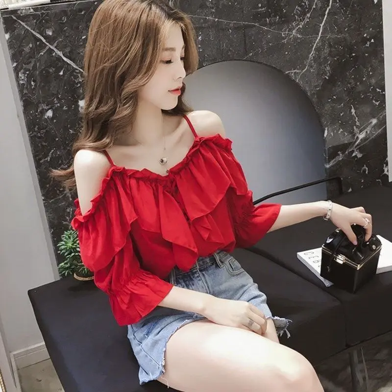 Áo Trễ Vai Có Dây Đeo Thời Trang, Áo Trễ Vai Xếp Nhún Dáng Rộng Vừa Vặn, Hàng Mới Về Mùa Hè 2024, ngắn Tay Nữ, Phong Cách Hàn Quốc, Ôm Vừa Vặn Women Top