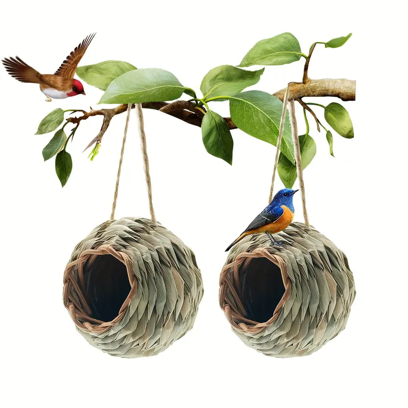 Tổ Chim Rơm Tròn Cổ Điển Bộ 2 Chiếc, Thích Hợp Để Trang Trí Ngoài Trời, Không Cần Điện 0